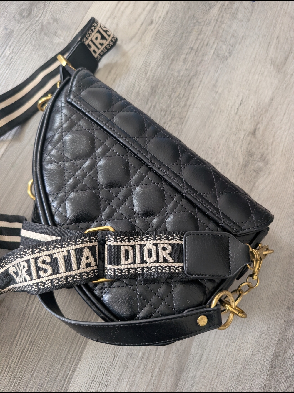 D*ior Black Quilted Saddle Crossbody with Striped Strap - Picture 4 of 4